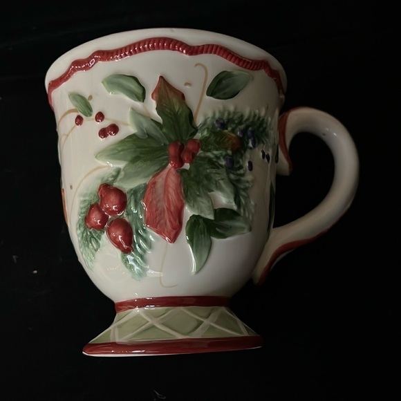 2 Mugs Winter Holiday by FITZ & FLOYD Ceramic 16oz. Cups Holly Berry gifts - Picture 3 of 10